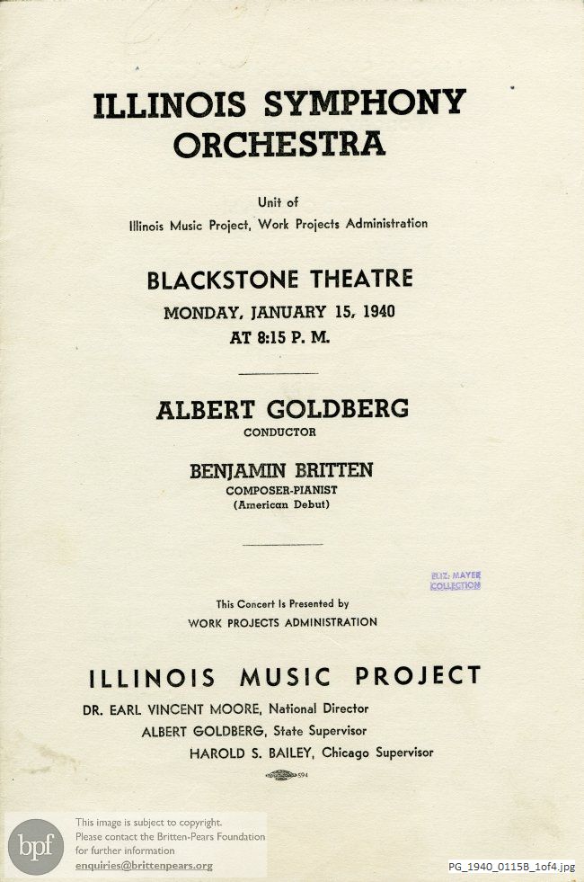 Concert programme:  US premiere of Britten Piano Concerto, Blackstone Theatre, Chicago