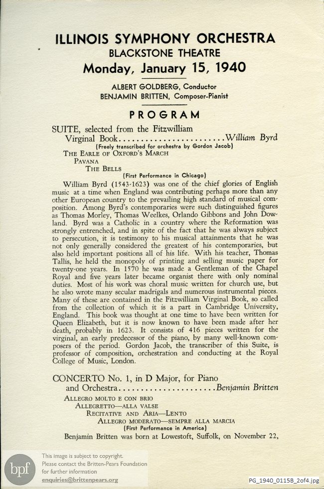 Concert programme:  US premiere of Britten Piano Concerto, Blackstone Theatre, Chicago