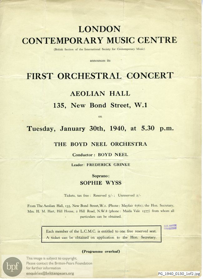 Concert programme:  Britten Les Illuminations, Aeolian Hall, London