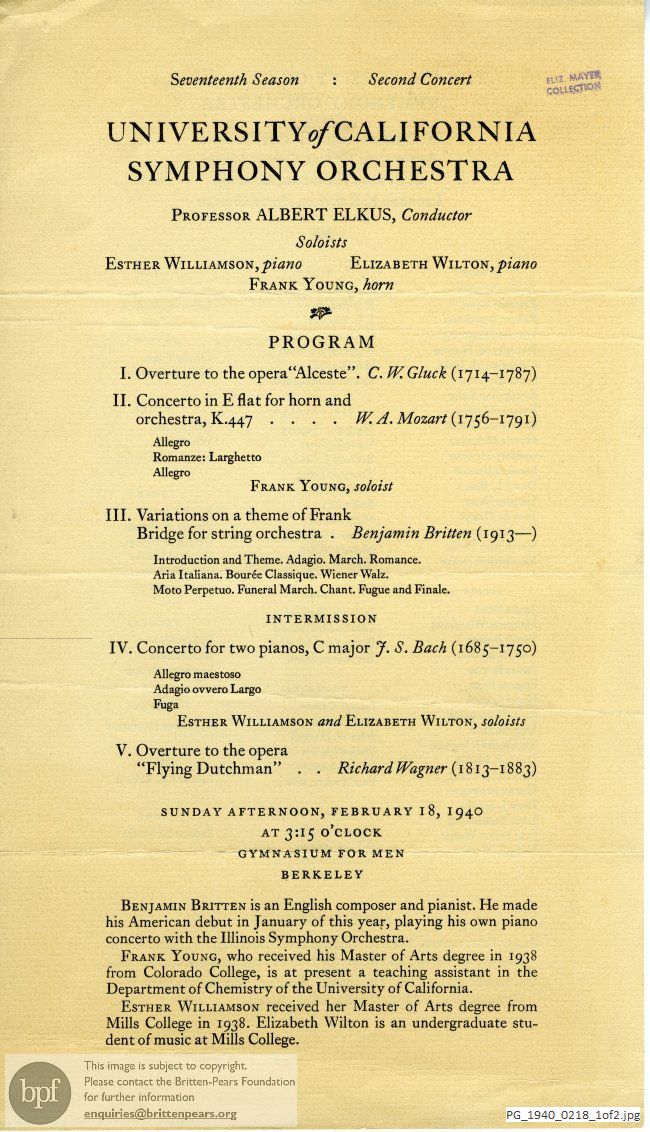 Concert programme:  Britten, Variations on a Theme of  Frank Bridge for String Orchestra, Gymnasium for Men, Berkeley, California