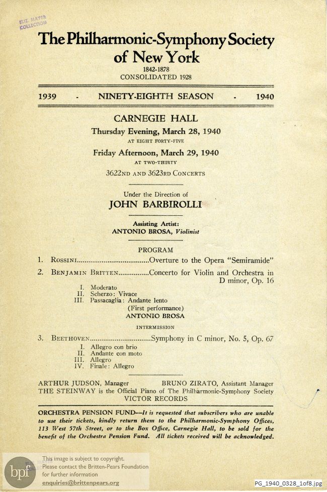 Concert programme:  Britten Concerto for Violin and Orchestra in D Minor, Carnegie Hall, New York