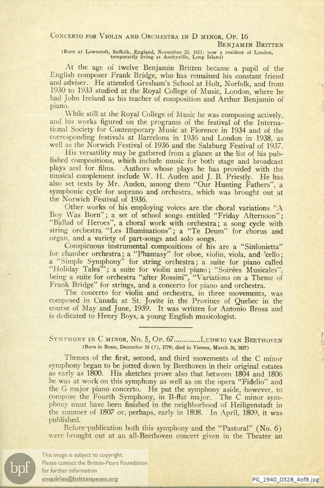 Concert programme:  Britten Concerto for Violin and Orchestra in D Minor, Carnegie Hall, New York