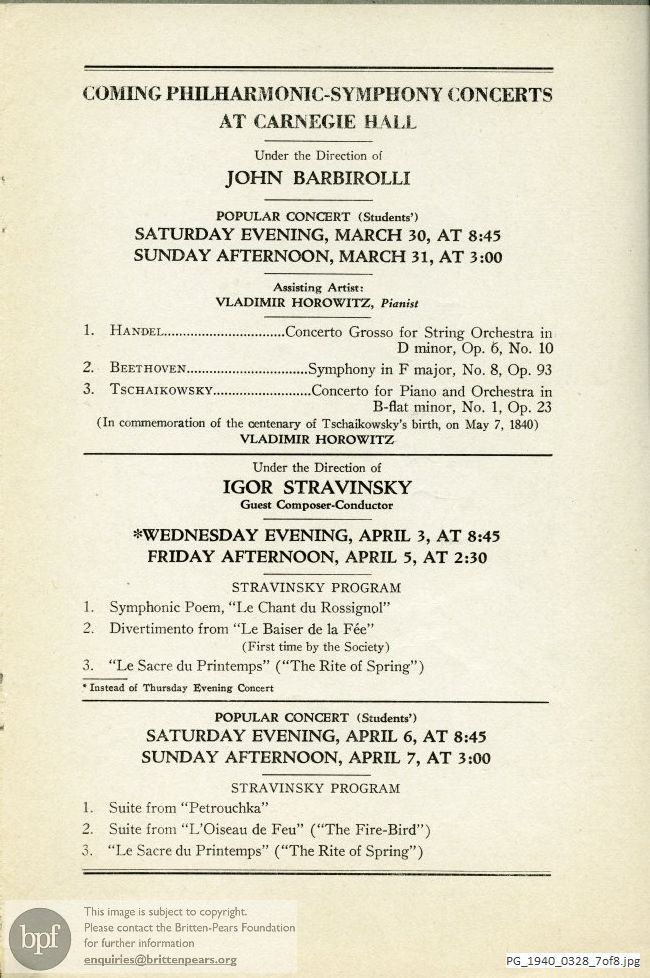 Concert programme:  Britten Concerto for Violin and Orchestra in D Minor, Carnegie Hall, New York