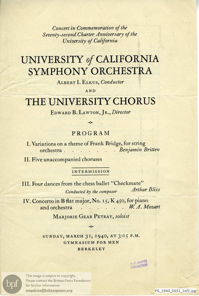 Concert programme:  Britten Variations on a Theme of Frank Bridge for String Orchestra, Gymnasium for Men, Berkeley, California