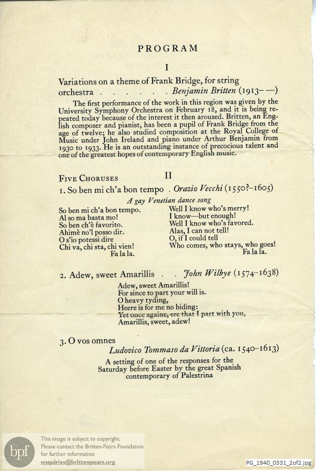 Concert programme:  Britten Variations on a Theme of Frank Bridge for String Orchestra, Gymnasium for Men, Berkeley, California