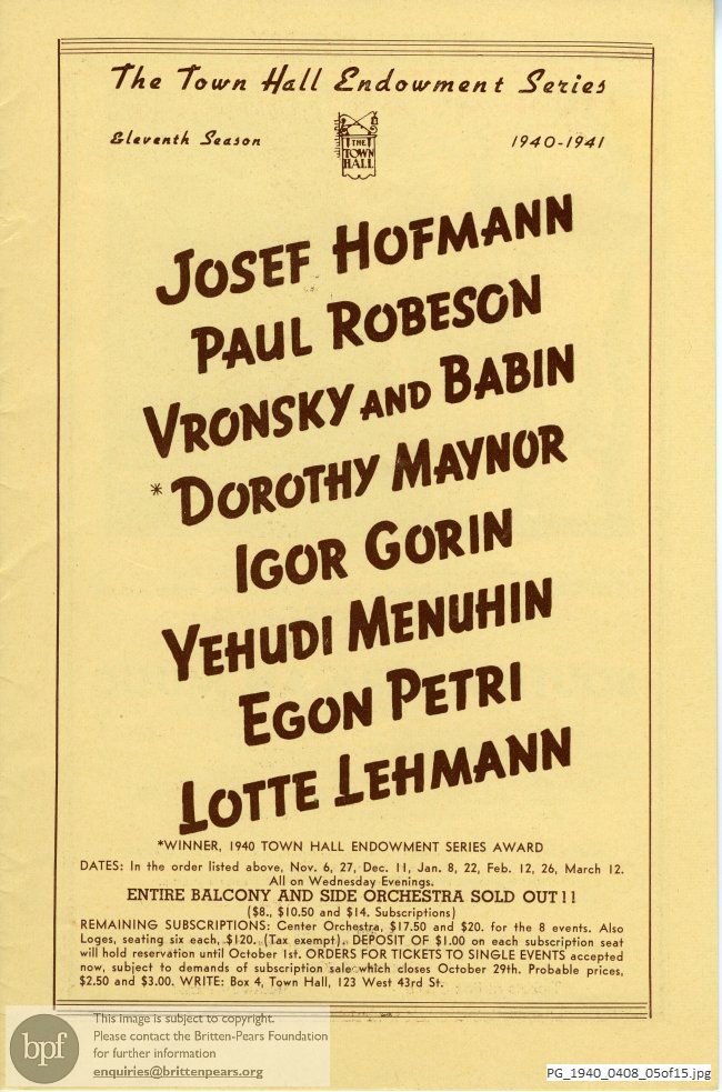 Concert programme:  Various composers, The Town Hall, New York.