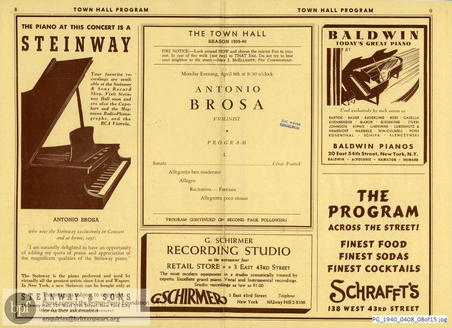 Concert programme:  Various composers, The Town Hall, New York.