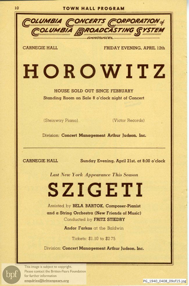 Concert programme:  Various composers, The Town Hall, New York.
