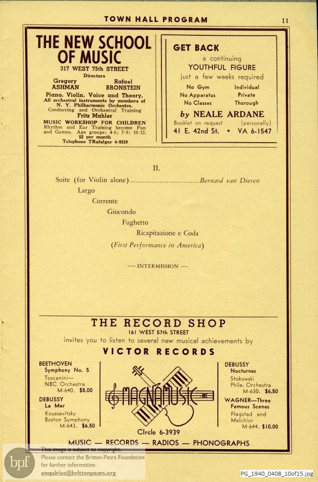 Concert programme:  Various composers, The Town Hall, New York.