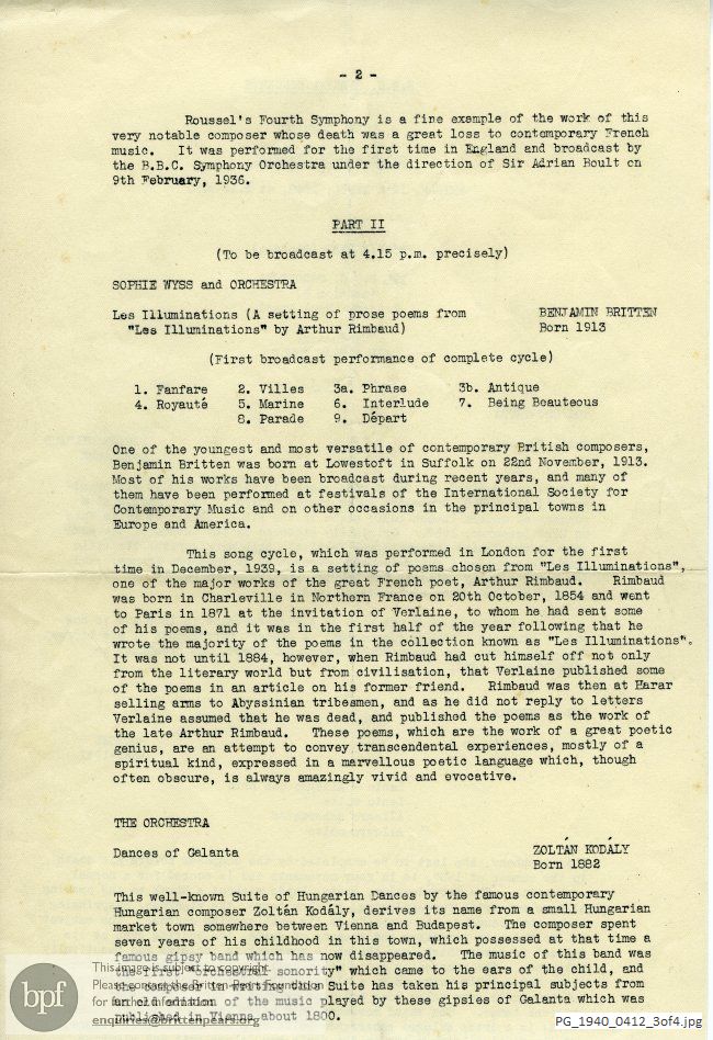 Concert programme:  Britten Les Illuminations, Colston Hall, Bristol