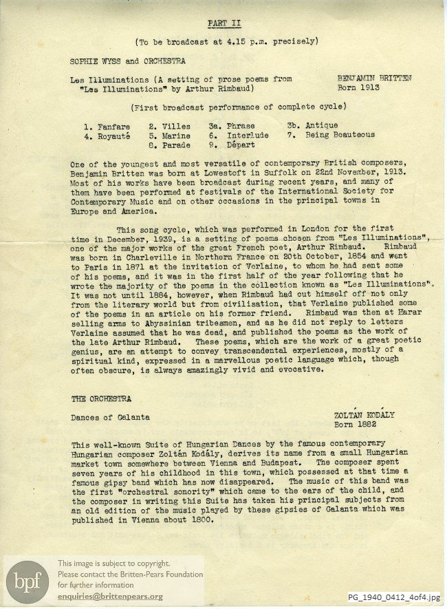 Concert programme:  Britten Les Illuminations, Colston Hall, Bristol