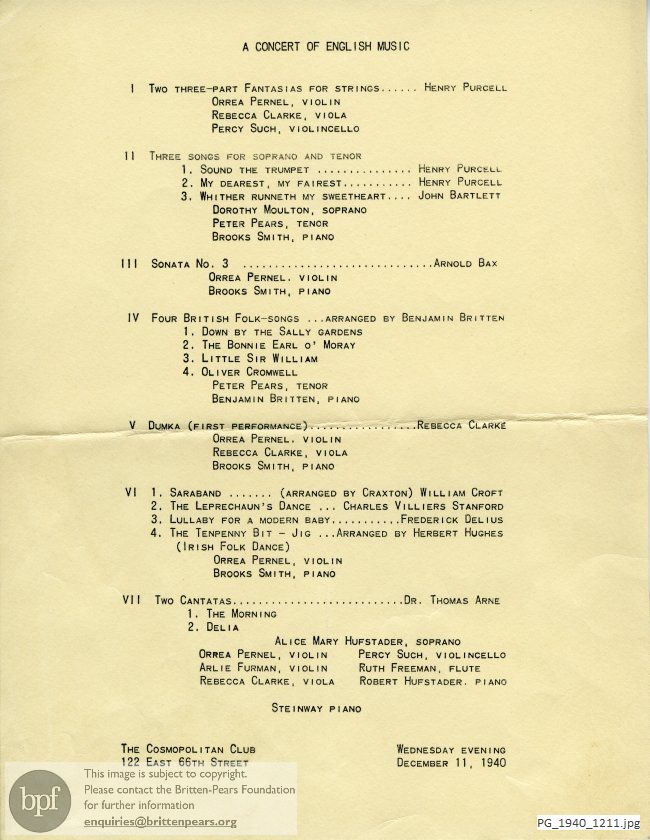Concert programme:  Premiere of Britten Folk songs, Cosmopolitan Club, New York