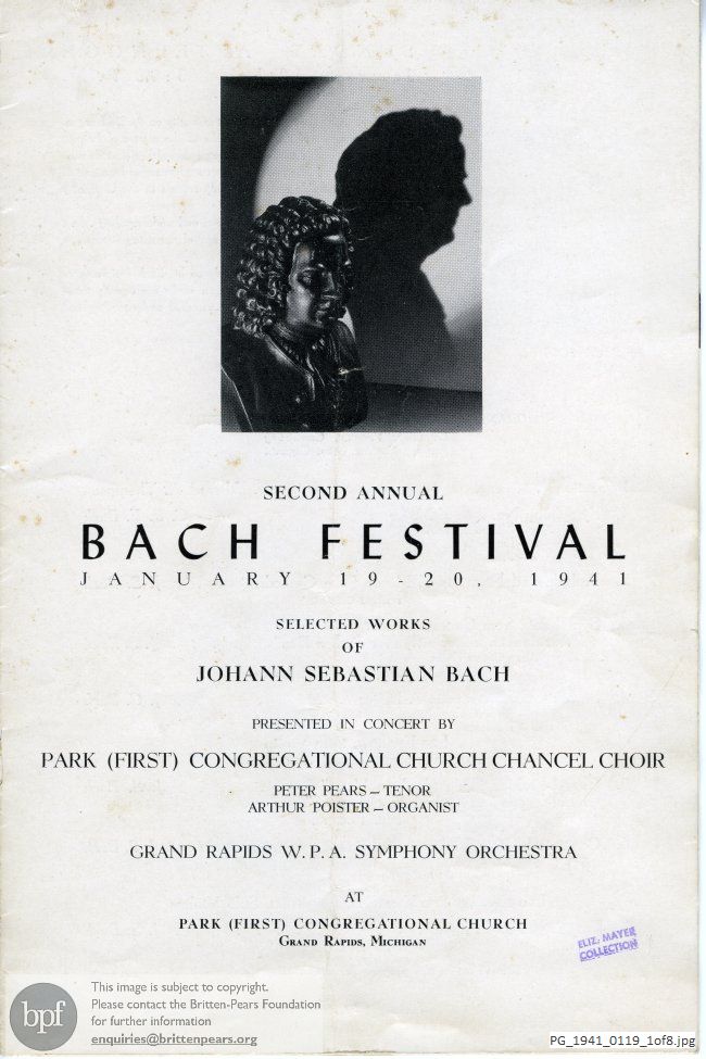 Concert programme:  Bach Various Works, Park (First) Congregational Church, Grand Rapids, Michigan