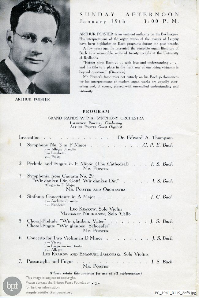 Concert programme:  Bach Various Works, Park (First) Congregational Church, Grand Rapids, Michigan