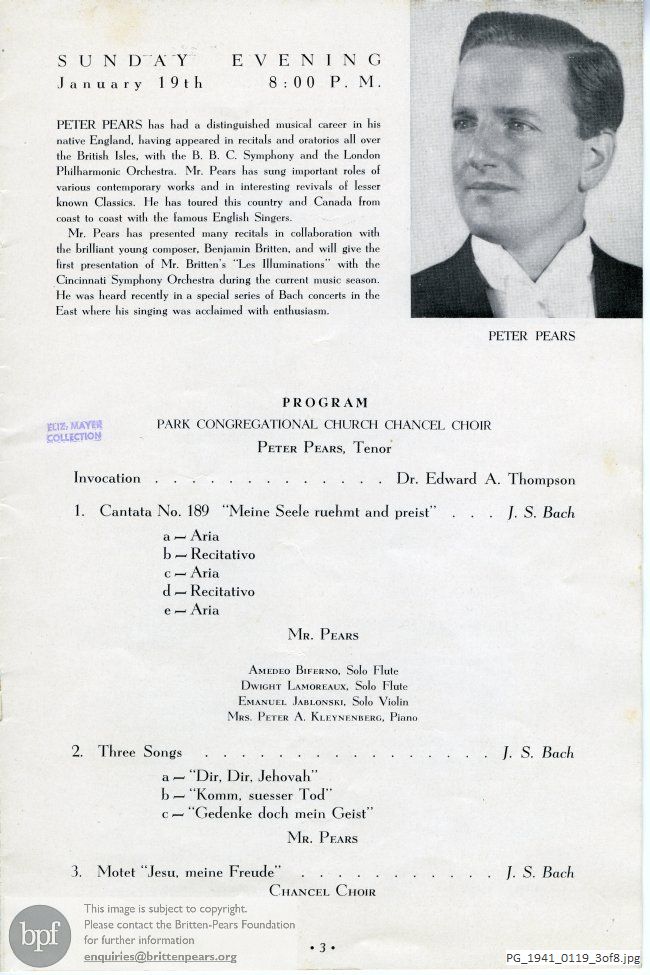 Concert programme:  Bach Various Works, Park (First) Congregational Church, Grand Rapids, Michigan