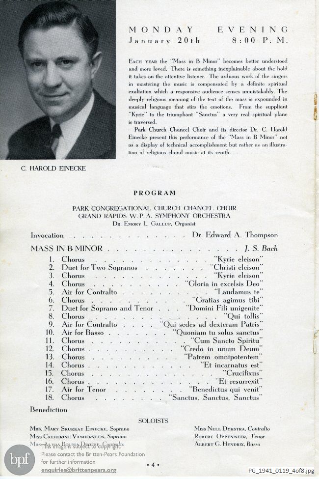 Concert programme:  Bach Various Works, Park (First) Congregational Church, Grand Rapids, Michigan