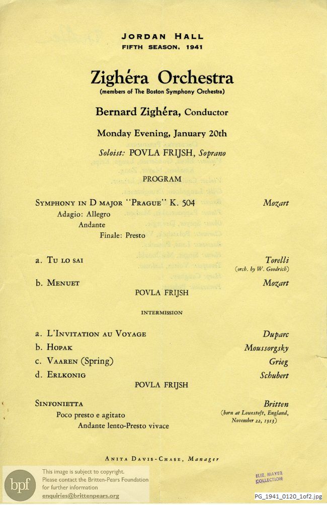 Concert programme:  Britten Sinfonietta, Jordan Hall, Boston