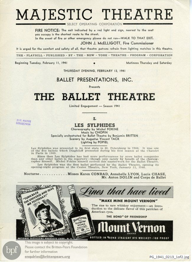 Concert programme:  Britten Les Sylphides, Majestic Theatre, New York