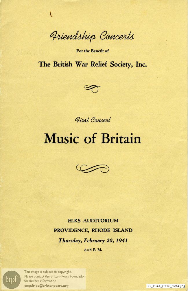 Concert programme:  Britten Songs, Elks Auditorium, Providence, Rhode Island