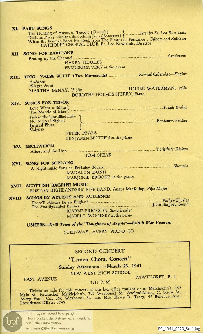 Concert programme:  Britten Songs, Elks Auditorium, Providence, Rhode Island