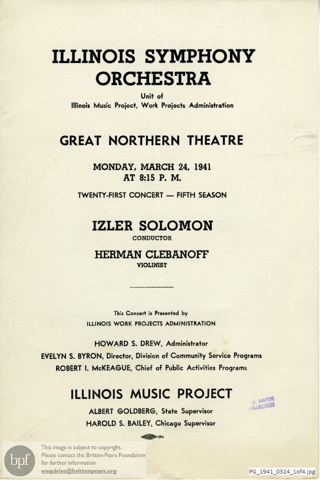 Concert programme:  Britten Variations on a Theme of Frank Bridge, Great Northern Theatre, Chicago