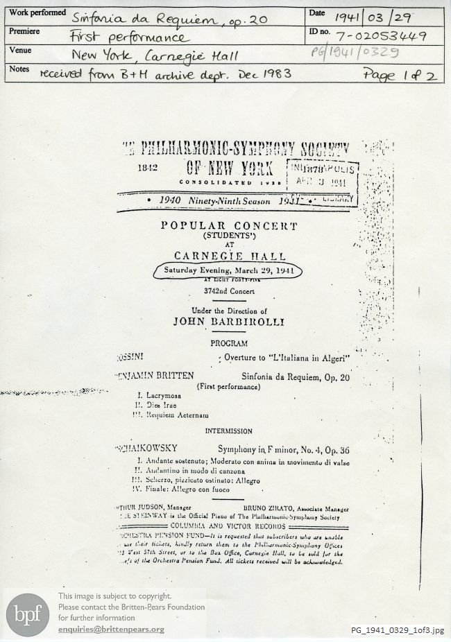 Concert programme:  Britten Sinfonia da Requiem, Carnegie Hall, New York