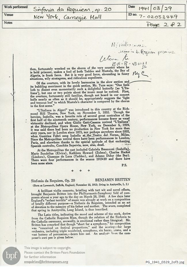 Concert programme:  Britten Sinfonia da Requiem, Carnegie Hall, New York