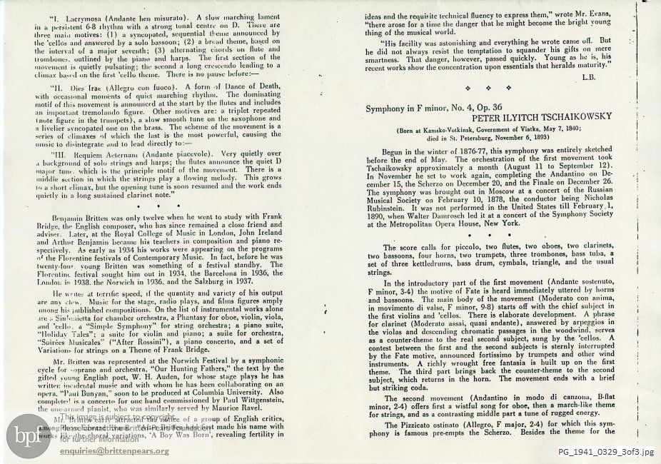 Concert programme:  Britten Sinfonia da Requiem, Carnegie Hall, New York