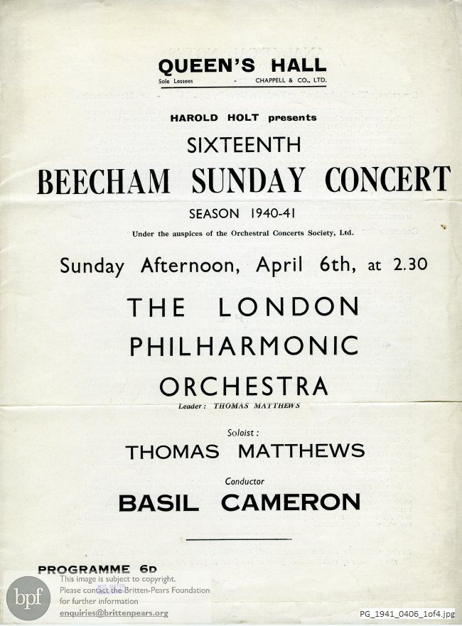 Concert programme:  Britten Concerto for Violin and Orchestra, Queen's Hall, London
