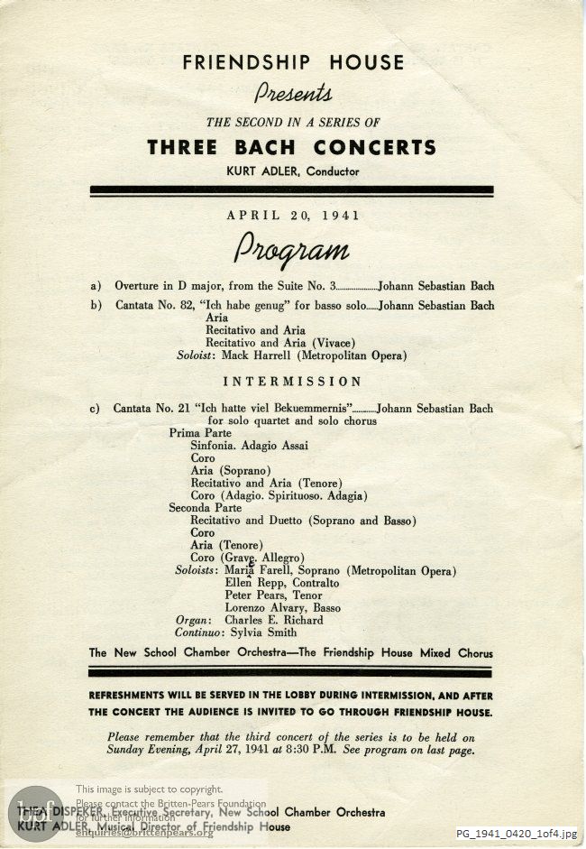 Concert programme:  Bach Various Works, Friendship House, USA