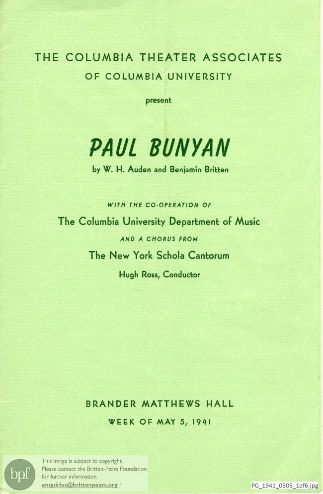 Concert programme:  Britten Paul Bunyan, Brander Matthews Hall, University of Columbia, New York