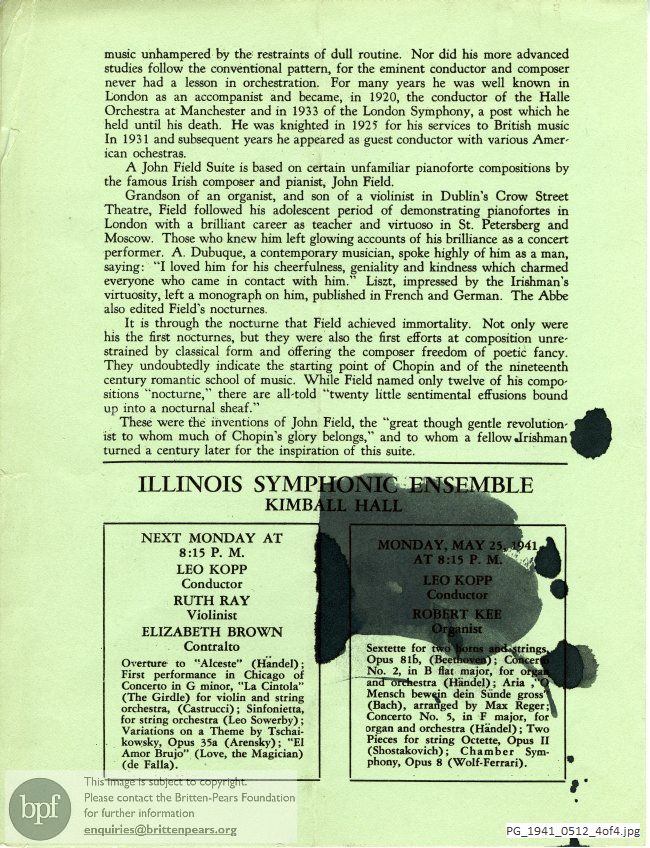Concert programme:  Britten Sinfonietta, Kimball Hall, Chicago