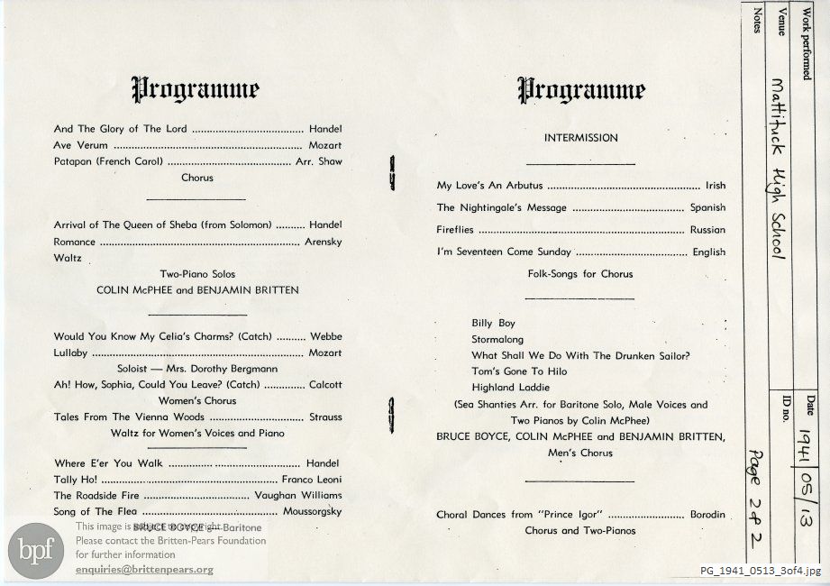 Concert programme:  Various composers, Mattituck High School Auditorium, Southold, New York