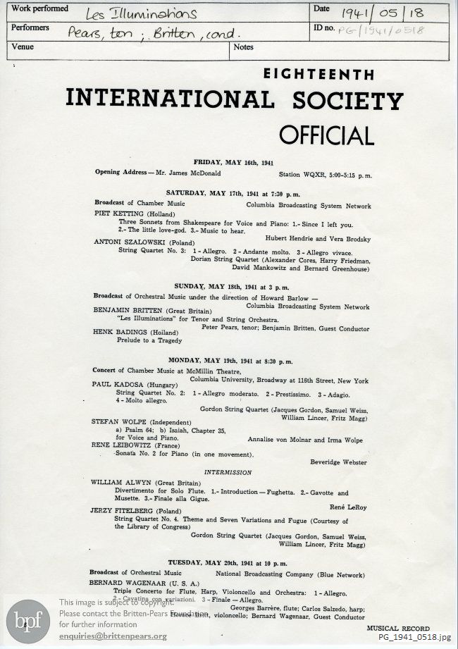 Concert programme:  Britten Les Illuminations, Columbia Broadcasting System Newtwork, New York