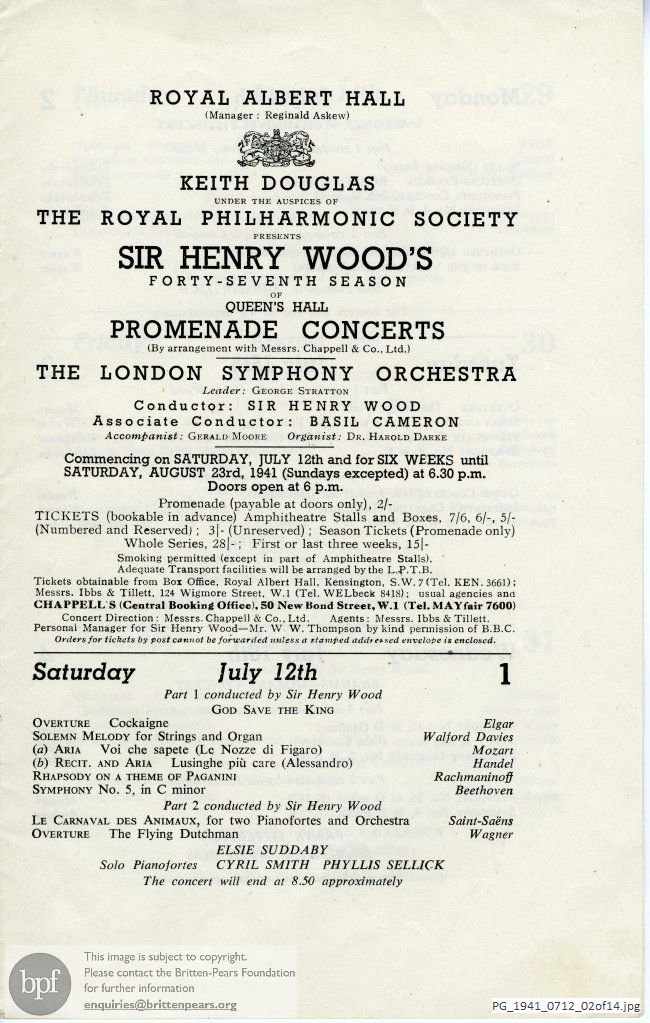 Concert programme:  Various Composers, Royal Albert Hall, London