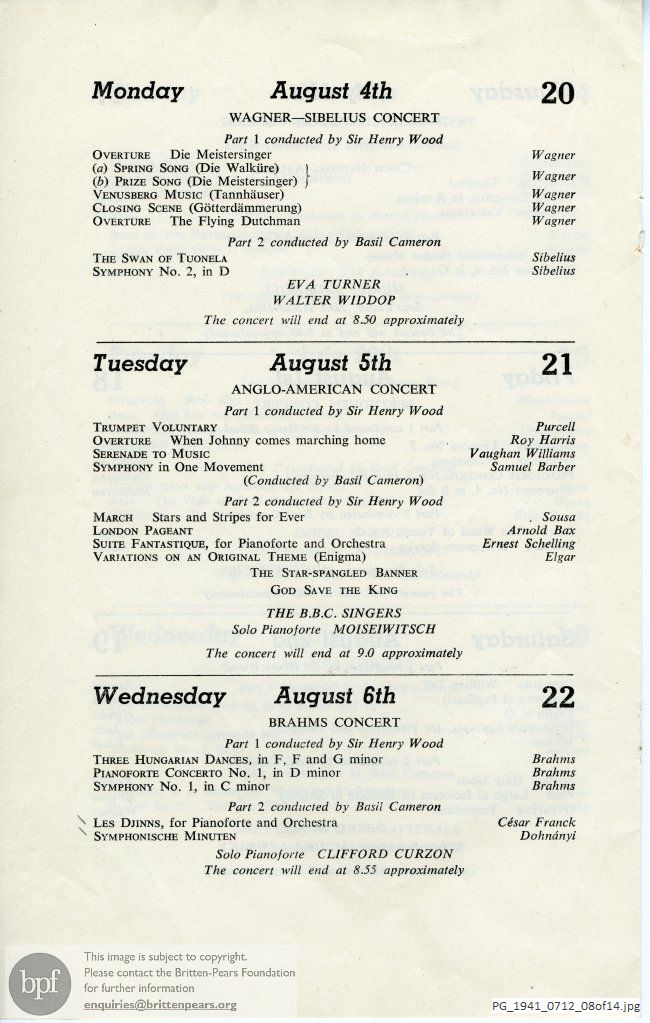 Concert programme:  Various Composers, Royal Albert Hall, London