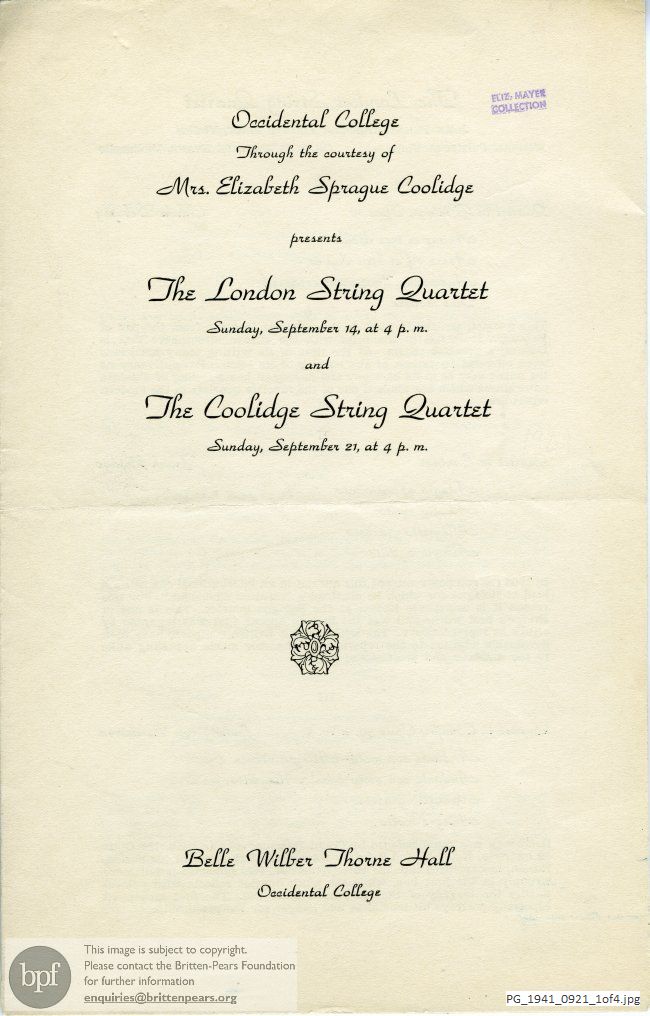 Concert programme:  Britten Quartet in D [Major], Belle Wilber Thorne Hall, Occidental College, Los Angeles