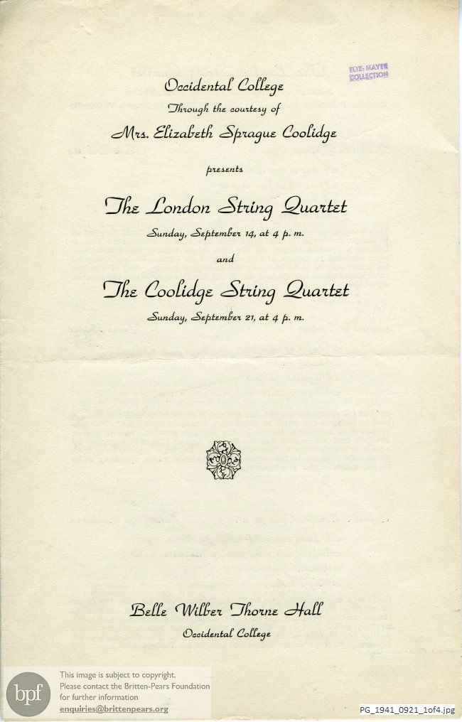 Concert programme:  Britten Quartet in D [Major], Belle Wilber Thorne Hall, Occidental College, Los Angeles