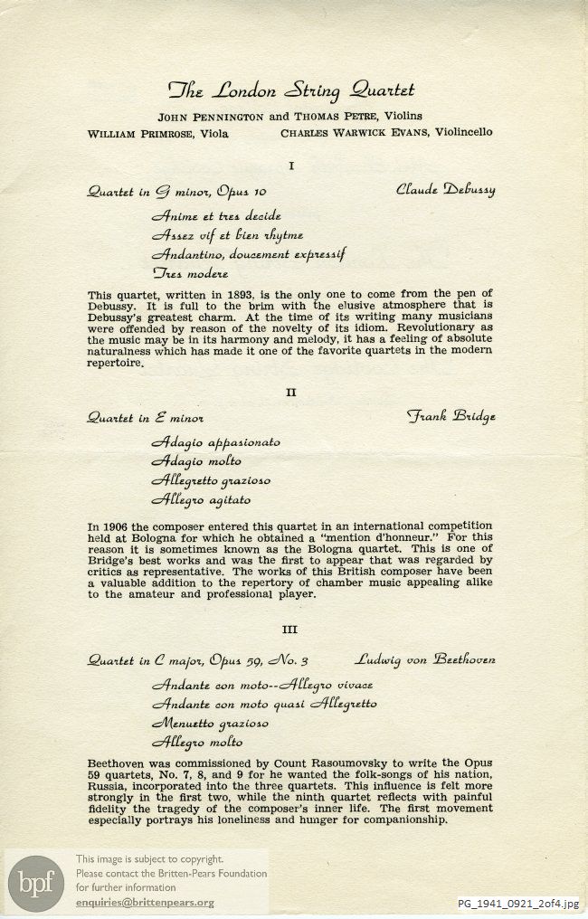 Concert programme:  Britten Quartet in D [Major], Belle Wilber Thorne Hall, Occidental College, Los Angeles
