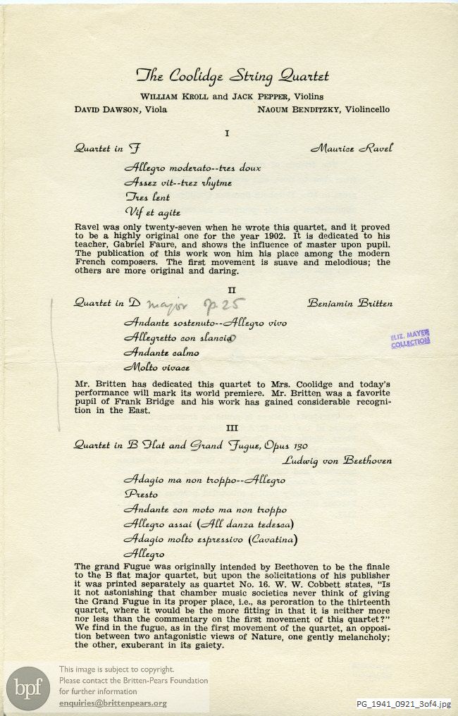 Concert programme:  Britten Quartet in D [Major], Belle Wilber Thorne Hall, Occidental College, Los Angeles