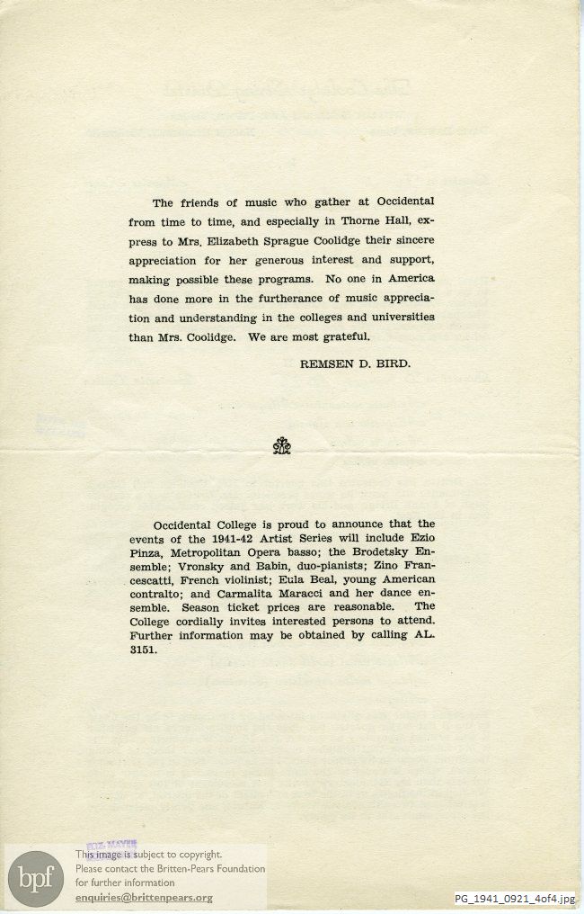 Concert programme:  Britten Quartet in D [Major], Belle Wilber Thorne Hall, Occidental College, Los Angeles