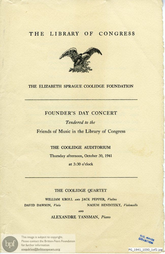 Concert programme:  Britten [String] Quartet in D Major, Coolidge Auditorium, Library of Congress, Washington