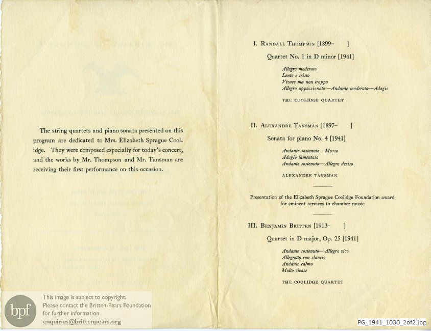 Concert programme:  Britten [String] Quartet in D Major, Coolidge Auditorium, Library of Congress, Washington