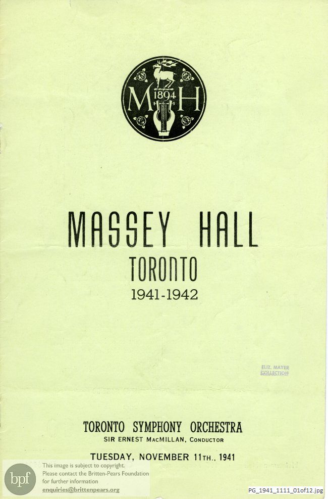 Concert programme:  Britten Sinfonia da Requiem, Massey Hall, Toronto