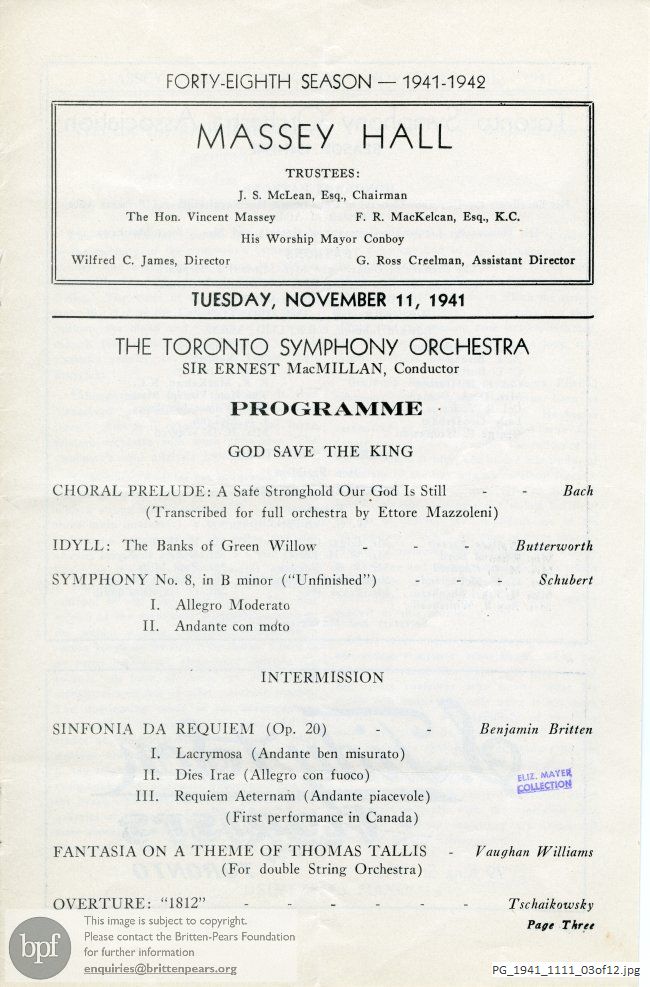 Concert programme:  Britten Sinfonia da Requiem, Massey Hall, Toronto