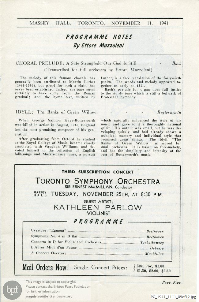 Concert programme:  Britten Sinfonia da Requiem, Massey Hall, Toronto