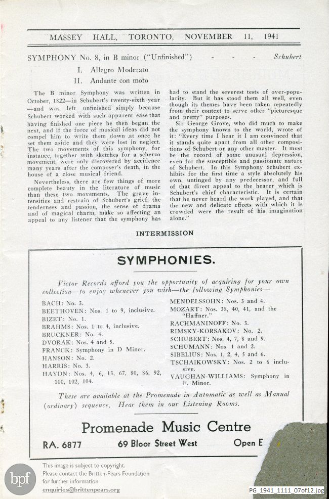 Concert programme:  Britten Sinfonia da Requiem, Massey Hall, Toronto
