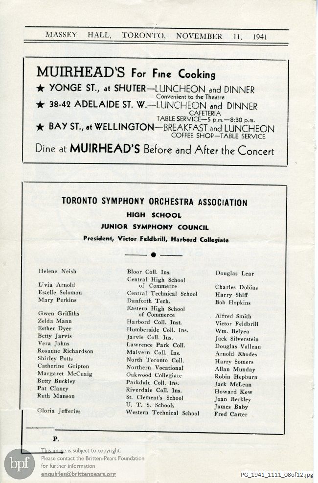 Concert programme:  Britten Sinfonia da Requiem, Massey Hall, Toronto