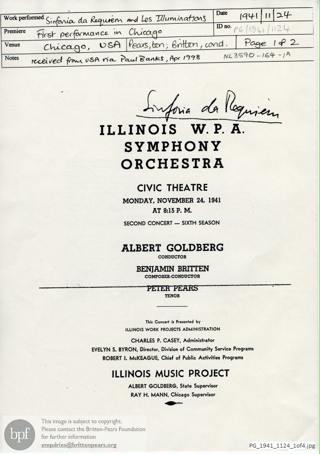 Concert programme:  Britten Sinfonia da Requiem and Les Illuminations, Civic Centre, Chicago