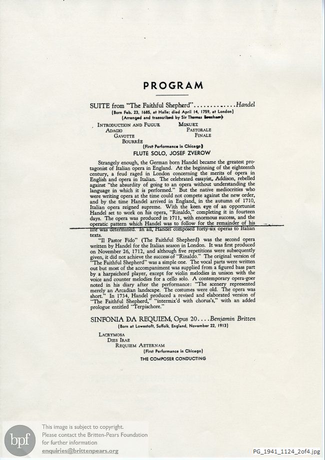 Concert programme:  Britten Sinfonia da Requiem and Les Illuminations, Civic Centre, Chicago